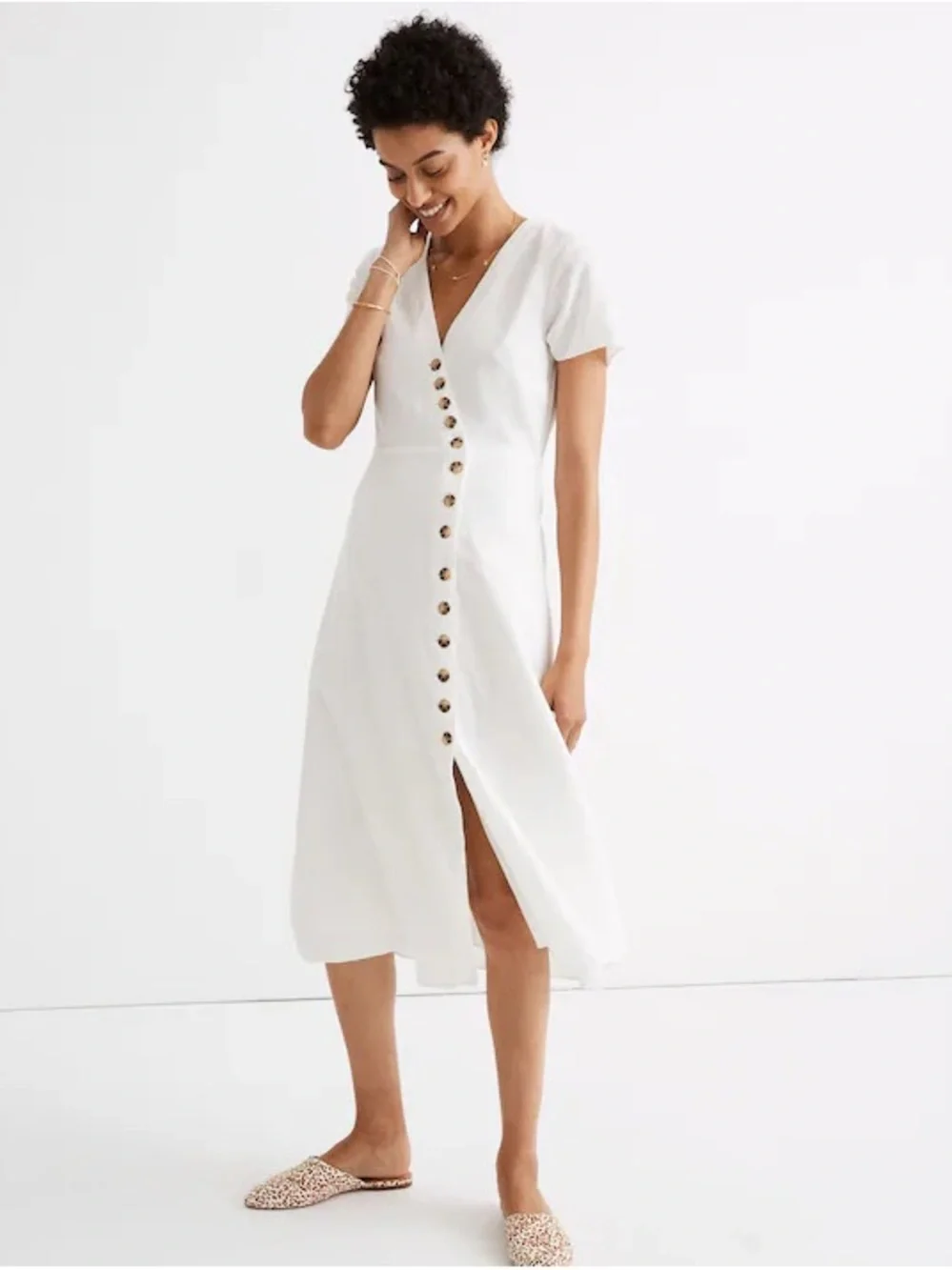 Madewell White Linen-blend Button-Wrap V-Neck Midi Dress size 4